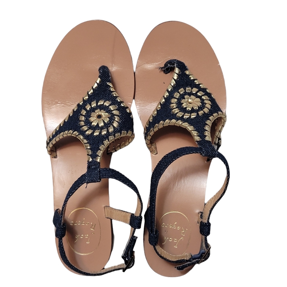 Jack Rogers Denim Blue Gold Leather Navajo Gladiator Sandals - Picture 7 of 10